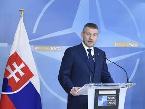 Slovak Prime Minister Peter Pellegrin talks during a joint press after their bilateral meeting with NATO Secretary General on Apr. 12, 2018 at the Nato Headquarters in Brussels. Reports state that Pellegrin's new government is making NATO orientation of Slovakia a priority. 
(JOHN THYS / AFP)