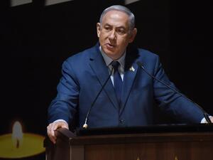 Israeli Prime Minister Benjamin Netanyahu speaks at the official ceremony for Israel's Remembrance Day for fallen soldiers in the Mt. Herzl Military Cemetery in Jerusalem on Apr. 18, 2018. Israel mark the Remembrance to commemorate over 23,646 fallen soldiers since 1860, just before the celebrations of the 70th anniversary of its creation according to the Jewish calendar.
(DEBBIE HILL / POOL / AFP)