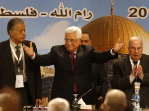 Palestinian president Mahmud Abbas gestures as he chairs a Palestinian National Council meeting in Ramallah /AFP	