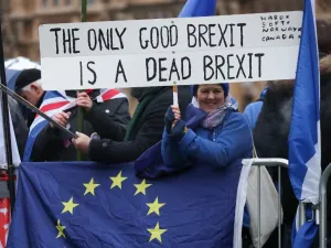 An anti-Brexit protester is seen outside the Houses of Parliament in central London on January 15, 2019. (AFP)