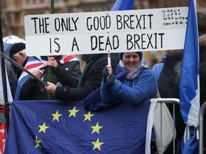 An anti-Brexit protester is seen outside the Houses of Parliament in central London on January 15, 2019. (AFP)