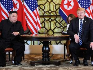 US President Donald Trump (R) and North Korea's leader Kim Jong Un hold a meeting during the second US-North Korea summit at the Sofitel Legend Metropole hotel in Hanoi on February 28, 2019. (AFP)