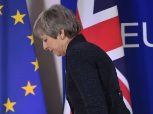 British Prime Minister Theresa May walks after holding a press conference on March 22, 2019, on the first day of an EU summit focused on Brexit, in Brussels. (Emmanuel DUNAND / AFP)