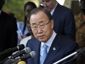 UN Secretary General Ban Ki-Moon speaks during a joint press conference with Burkina Faso's President Roch Marc Christian Kabore after their meeting at the presidential in Ouagadougou on March 3, 2016. (AFP/Ahmed Ouoba)