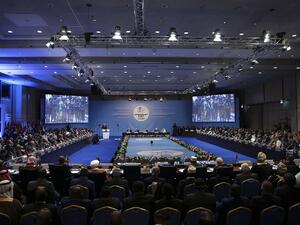 Turkish President Tayyip Erdogan delivers the opening speech during an Extraordinary Summit of the Organisation of Islamic Cooperation (OIC) on last week's U.S. recognition of Jerusalem as Israel's capital, in Istanbul on Dec. 13, 2017 (EMRAH YORULMAZ/POOL/AFP)