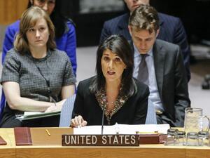 U.S. Ambassador to the U.N. Nikki Haley speaks during a U.N. Security Council meeting over the situation in the Middle East on Dec. 18, 2017, at U.N. Headquarters in New York (KENA BETANCUR/AFP)