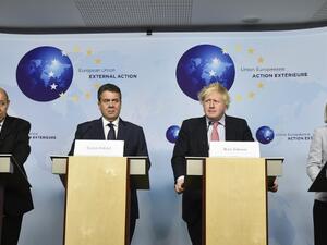 (LtoR) French Foreign Affairs Minister Jean-Yves Le Drian, German Foreign Minister Sigmar Gabriel, British Foreign Secretary Boris Johnson and High Representative of the Union for Foreign Affairs and Security Policy Federica Mogherini give a press conference at the EU headquarters in Brussels on Jan. 11, 2018 (JOHN THYS/AFP)
