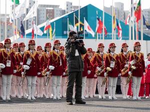 A North Korean cheering band attends a welcoming ceremony for North Korea's athletes at the athletes' village in Gangneung on Feb. 8, 2018, ahead of the Pyeongchang 2018 Winter Olympic Games (YELIM LEE / AFP)
