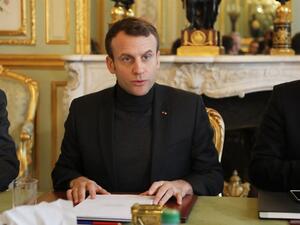 French president Emmanuel Macron speaks during a Trianon Council meeting (Conseil de coordination du dialogue de Trianon) on Feb. 9, 2018, at the Elysee Palace in Paris (LUDOVIC MARIN / POOL / AFP)