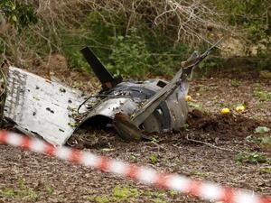 A picture taken on Feb. 10, 2018, shows the remains of a missile that crashed earlier in Alonei Abba, east of Haifa, in northern Israel. Israel struck a dozen Syrian and Iranian targets inside Syria in "large-scale" raids after an Israeli fighter jet crashed under fire from Syrian air defences in a severe increase in tensions, the military said.
(Jack GUEZ / AFP)