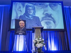 A video recording of a speech by Hatice Cengiz, fiance of Jamal Khashoggiis played during a memorial service for Saudi Journalist Jamal Khashoggi  (AFP)