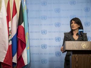 U.S. ambassador to the United Nations Nikki Haley speaks during a brief press availability at United Nations headquarters, Jan. 2, 2018 in New York City. She discussed protests in Iran and the North Korea nuclear threat (Drew Angerer/Getty Images/AFP)
