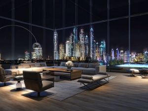 The triplex penthouse apartment spreads across 29,800 sq ft and features several living areas, five en-suite bathrooms, and almost 11,500 sq ft of exterior space. (Courtesy of Omniyat) The triplex penthouse apartment spreads across 29,800 sq ft and features several living areas, five en-suite bathrooms, and almost 11,500 sq ft of exterior space. (Courtesy of Omniyat)