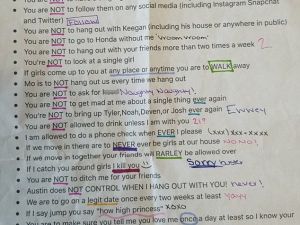 It includes rules such as not taking longer than 10 minutes to text her back and if she catches him hanging around other girls she will 'kill' him (dailymail)