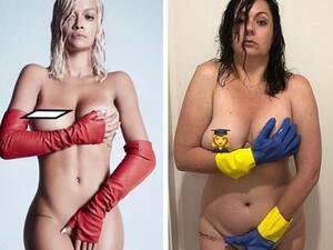 Comedian Celeste Barber has claimed that many of the celebrities she parodies are big fans of work. Pictured: Celeste dresses up as Rita Ora and covers her modesty by covering herself with washing up glove-clad hands (Instagram)