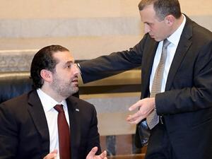 Prime Minister Saad Hariri speaks with Foreign Minister Gebran Bassil during a Cabinet session on Nov. 2, 2017. (The Daily Star)