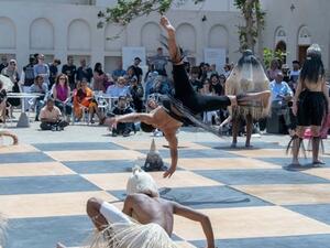 Lopez’s “Pataki 1921” references colonialism’s regimentation of Caribbean life, as well as the region’s African heritage. (Image courtesy of Sharjah Art Foundation)
