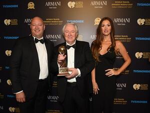 Chadi Gedeon General Manager of Mövenpick Hotel Beirut receiving the Lebanon s Leading Luxury Hotel Award from Mr Graham Cooke President Founder World Travel Awards