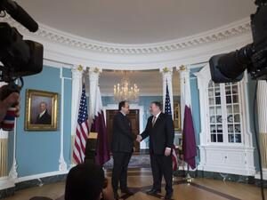 Qatari Deputy Prime Minister of State for Defence Affairs, Khalid bin Mohammad Al Attiyah, meets with US Secretary of State Mike Pompeo (R) at the US State Department in Washington, DC on November 14, 2018. 
ANDREW CABALLERO-REYNOLDS / AFP