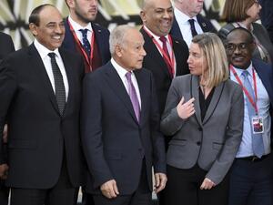 (From L) Kuwaiti Foreign Minister Sheikh Sabah al-Khaled al-Sabah, Arab League Secretary-General Ahmed Aboul Gheit, EU Foreign and Security Advisor Federica Mogherini and Co-chair of Arab League and Sudan Foreign Minister  Mohamed Ahmed Al-Dirdiri in a family picture on February 4, 2019, in Brussels. 
JOHN THYS / AFP