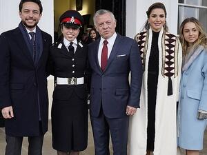 Jordan's King Abdullah (C), Queen Rania, Crown Prince Hussein (L) and Princess Iman (R) attend the Commissioning Parade of Her Royal Highness Princess Salma (2nd L) at the Royal Military Academy Sandhurstat, 35 miles west of London, on November 24 (AFP)
