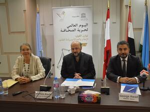 Lebanon’s caretaker Information Minister Melhem Riachi (C) (Twitter) 