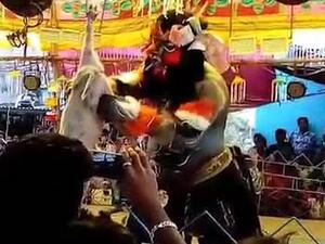 Performer gnaws on a raw piglet carcass after slaughtering it on stage in India (Twitter)