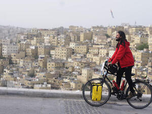 Don't get tyred! Somen Debnath at the Amman Citadel, Jordan. The round-the-world cyclist is undeterred by instability in Middle East