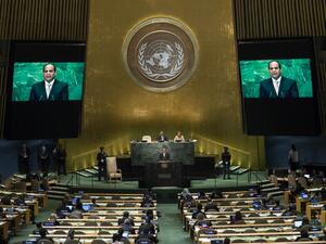 Egyptian President Abdel Fattah Al Sisi addresses the United Nations General Assembly at the UN headquarters, September 20, 2016 in New York City. (AFP/Drew Angerer)