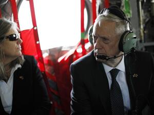 US Defence Secretary James Mattis (R) and senior advisor Sally Donnelly arrive by helicopter at Resolute Support headquarters in the Afghan capital Kabul on April 24, 2017. (AFP/Jonathan Ernst)