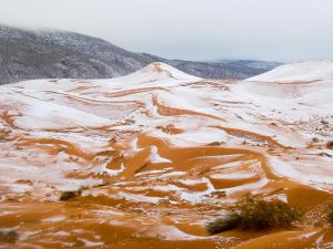The light snow formed swirling patterns on the steep orange sand dunes. (Karim Bouchetata)