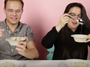 Americans digging in to a bowl of delicious molokheya. 