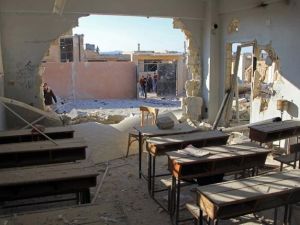 A general view shows a damaged classroom at a school after it was hit in an air strike in the village of Hass, in the south of Syria's rebel-held Idlib province on October 26, 2016. (AFP/Omar Haj Kadour)