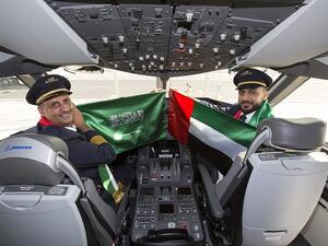Etihad Airways Captain Mohammed Awadh Alanzi, a Saudi National and First Officer Mansoor Mohamed Al Hammadi, Emirati, celebrate Saudi Arabia National Day.