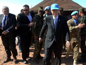 UN Secretary General Ban Ki-Moon leaves a meeting about Western Sahara in arch 5, 2016, near a UN base in Bir-Lahlou, Algeria. (AFP/Farouk Batiche)