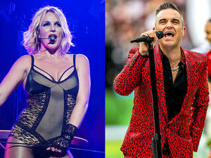 Coming together! Britney Spears and Robbie Williams are reportedly set to duet on stage in Las Vegas as both singers enjoy residencies at the same time next year (Source: Matt Baron - William Valcov - REX - Shutterstock) Coming together! Britney Spears and Robbie Williams are reportedly set to duet on stage in Las Vegas as both singers enjoy residencies at the same time next year (Source: Matt Baron - William Valcov - REX - Shutterstock)