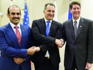 President and CEO of Qatar Petroleum Saad Sherida Al Kaabi (left) with ExxonMobil and Cypriot officials at the signing ceremony. (The Peninsula) 