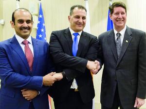 President and CEO of Qatar Petroleum Saad Sherida Al Kaabi (left) with ExxonMobil and Cypriot officials at the signing ceremony. (The Peninsula) 
