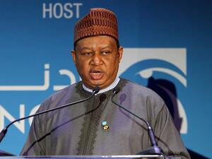OPEC’s secretary general Mohammad Barkindo speaking at the Abu Dhabi International Petroleum Exhibition and Conference (ADIPEC) on Sunday. (AFP/Nezar Balout)