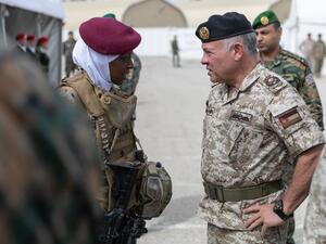  King Abdullah II, the Supreme Commander of the Jordan Armed Forces-Arab Army, accompanied by Crown Prince Al Hussein bin Abdullah II, visits the JAF Music Band headquarters ahead of International Women’s Day and is briefed on the achievements of women in JAF (Twitter)