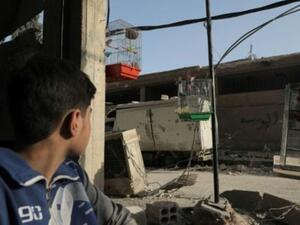 طفل ينظر الى عصافير في مبنى هدمه القصف في دوما في الغوطة الشرقية قرب دمشق
