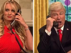 ستورمي دانييلز والممثل اليك بالدوين متقمصا شخصية ترامب