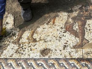 A worker from the Israeli Antiquity Authority (IAA) cleans a rare Roman mosaic from the 2nd–3rd centuries at the Israeli Caesarea National Park on February 8, 2018. (AFP Photo)