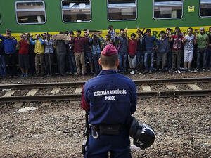 Syrian refugees protest at the platform of Budapest Keleti railway station, Hungary, 4 September 2015 (Wikimedia Commons)