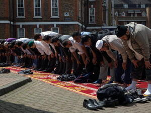 Muslims attend Friday prayers in the sunshine at the BBC Community Centre in the Spitalfields area, London, UK (Getty) Muslims attend Friday prayers in the sunshine at the BBC Community Centre in the Spitalfields area, London, UK (Getty)