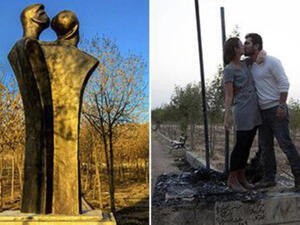 Iraqi couple emulate Sidq's Statue of Love in protest against people who vandalized it. [alarabya.net]