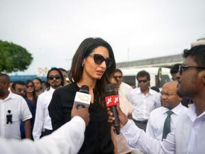 The Lebanese-British human rights lawyer arrived in Male with her team to press for the release of former President Mohamed Nasheed. (AFP/Adam Sireii)