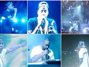 Jay Z and Timbaland sweating it out on stage, which they were well rewarded for with lots of free gifts (Image: Twitter)