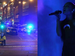 Right: Ariana Grande performing four days ago. Left: Police arrive at scene after explosion. (Paul ELLIS / AFP / Instagram / ArianaGrande)