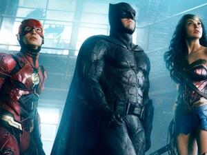 Flash, Batman, and Wonder Woman pose heroically in the "Justice League" movie. (Warner Bros. Pictures)